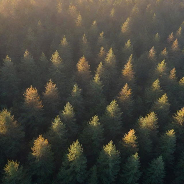 Aerial view of a misty, pine forest during sunrise. Rays of light permeate through a mixture of evergreen and deciduous trees with autumn-colored leaves, projecting long shadows onto the forest floor, generating a feeling of depth and atmosphere.