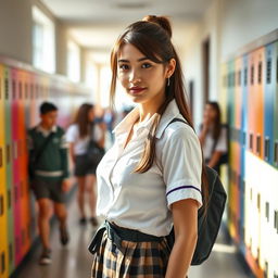 A fashionable young woman in a school setting, dressed in a stylish school uniform that highlights her figure