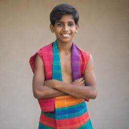 A young Indian teenage boy dressed traditionally in a vibrant and colorful lungi with a friendly and energetic expression.