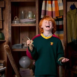 Ron Weasley, with his characteristically messy red hair, wearing Gryffindor uniform, and laughing cheerfully; holding his broken wand in one hand and Scabbers the rat in the other, inside the cluttered Weasley family home.