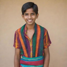 A young Indian teenage boy dressed traditionally in a vibrant and colorful lungi with a friendly and energetic expression.