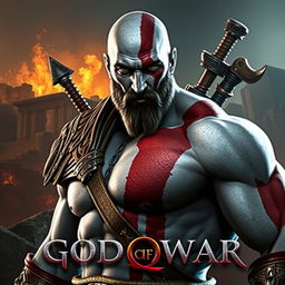 A strikingly charismatic and muscular depiction of Kratos from "God of War" with an alluring aura, showcasing his iconic ash-white skin, red tattoo, and distinctive weapons