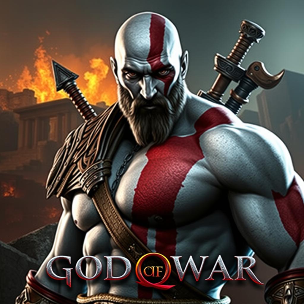 A strikingly charismatic and muscular depiction of Kratos from "God of War" with an alluring aura, showcasing his iconic ash-white skin, red tattoo, and distinctive weapons