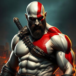 A strikingly charismatic and muscular depiction of Kratos from "God of War" with an alluring aura, showcasing his iconic ash-white skin, red tattoo, and distinctive weapons