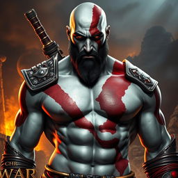 A strikingly charismatic and muscular depiction of Kratos from "God of War" with an alluring aura, showcasing his iconic ash-white skin, red tattoo, and distinctive weapons