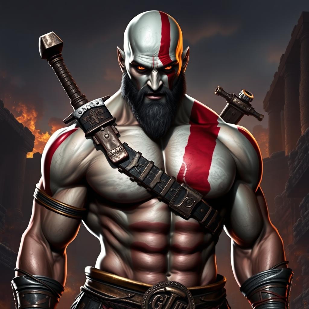 A strikingly charismatic and muscular depiction of Kratos from "God of War" with an alluring aura, showcasing his iconic ash-white skin, red tattoo, and distinctive weapons