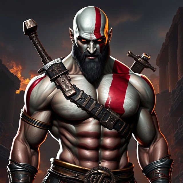 A strikingly charismatic and muscular depiction of Kratos from "God of War" with an alluring aura, showcasing his iconic ash-white skin, red tattoo, and distinctive weapons