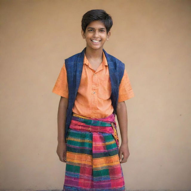 A young Indian teenage boy dressed traditionally in a vibrant and colorful lungi with a friendly and energetic expression.