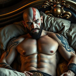 A strikingly handsome, muscular man resembling Kratos from 'God of War', lying seductively in a luxurious bed