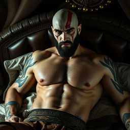 A strikingly handsome, muscular man resembling Kratos from 'God of War', lying seductively in a luxurious bed