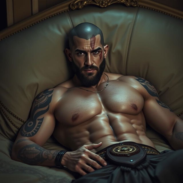 A strikingly handsome, muscular man resembling Kratos from 'God of War', lying seductively in a luxurious bed