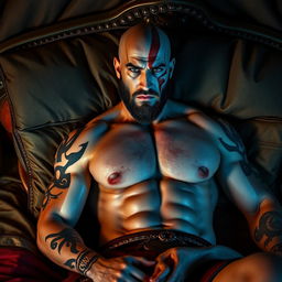 A strikingly handsome, muscular man resembling Kratos from 'God of War', lying seductively in a luxurious bed