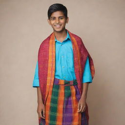 A young Indian teenage boy dressed traditionally in a vibrant and colorful lungi with a friendly and energetic expression.