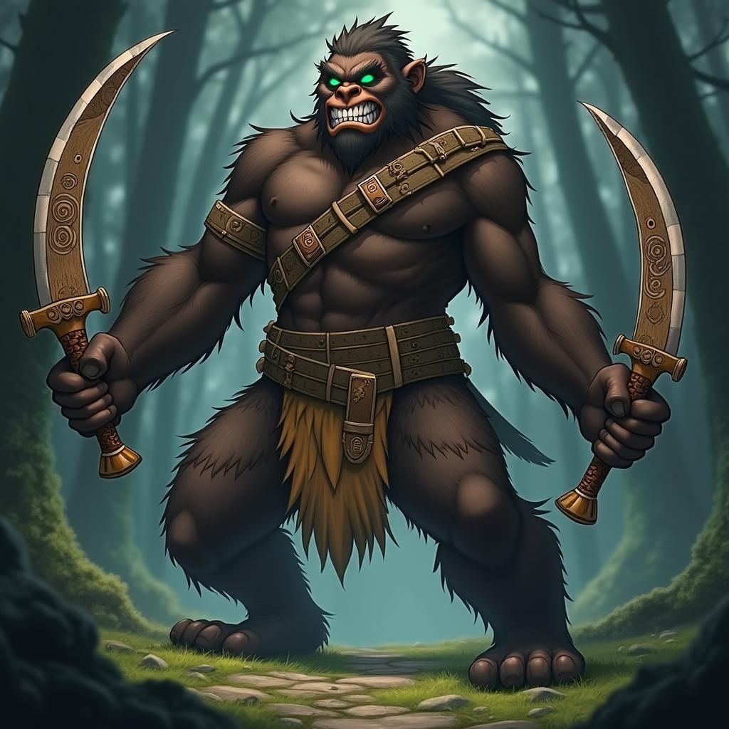 An anime male sasquatch with long arms and a dark-brown, extra furry body, featuring vivid green eyes that gleam with excitement for battle