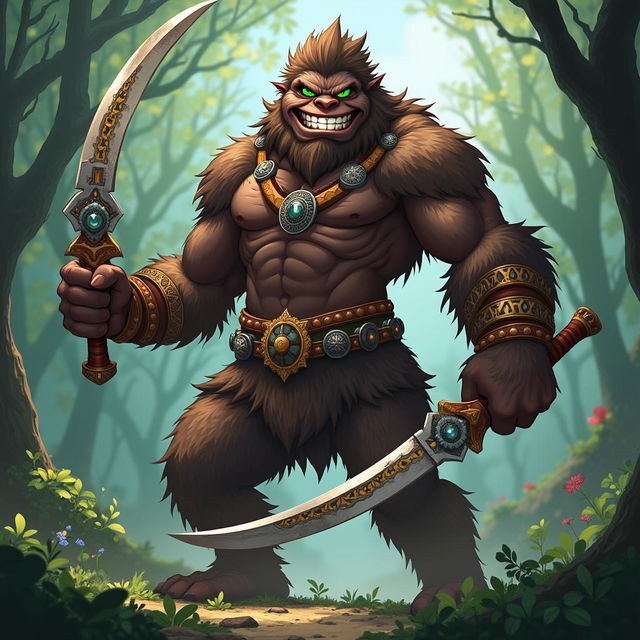 An anime male sasquatch with long, muscular arms and a dark-brown, extra furry body, featuring bright green eyes that sparkle with a challenging spirit