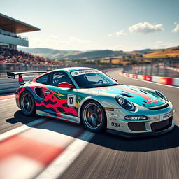 A stunning Porsche 997 GT3 Cup racing car, painted in a vibrant racing livery, showcasing its sleek aerodynamic design and sporty features