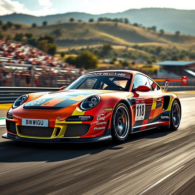 A stunning Porsche 997 GT3 Cup racing car, painted in a vibrant racing livery, showcasing its sleek aerodynamic design and sporty features