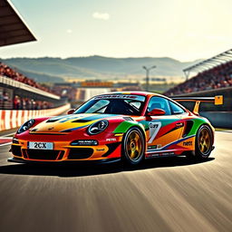 A stunning Porsche 997 GT3 Cup racing car, painted in a vibrant racing livery, showcasing its sleek aerodynamic design and sporty features