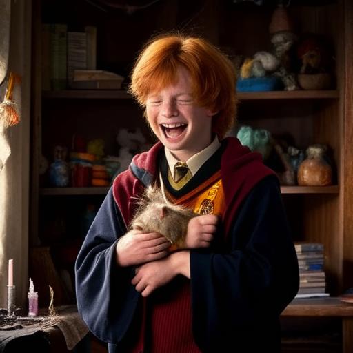 Ron Weasley, with his characteristically messy red hair, wearing Gryffindor uniform, and laughing cheerfully; holding his broken wand in one hand and Scabbers the rat in the other, inside the cluttered Weasley family home.