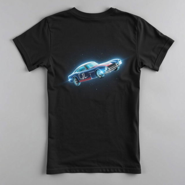 A black T-shirt featuring an imaginative illustration of a futuristic flying car soaring through space