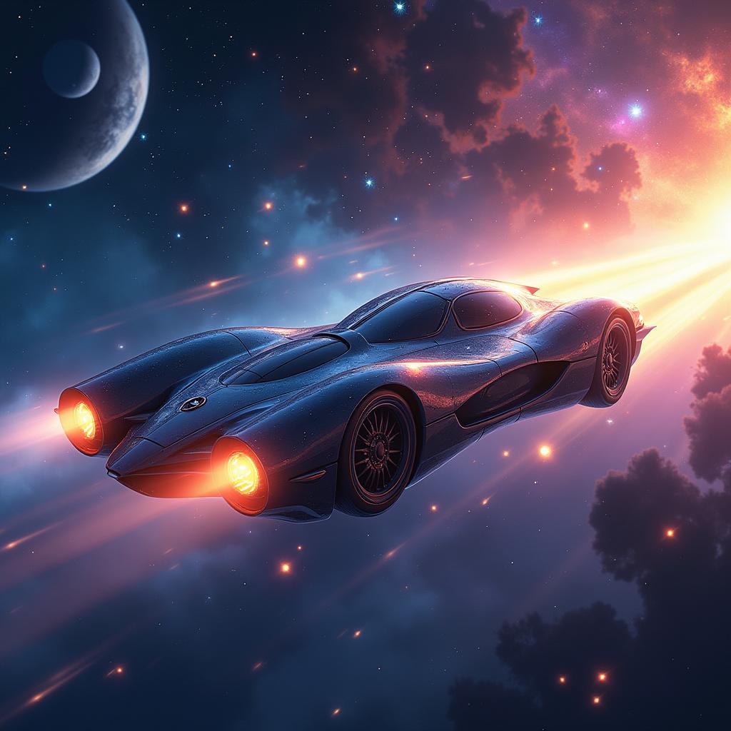 A futuristic flying car soaring through a vibrant outer space scene