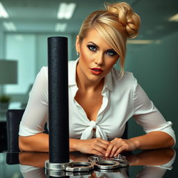 A close-up of a confident woman resembling Jenny McCarthy, featuring a stylish blonde bun and dressed in a chic white blouse tied at the front