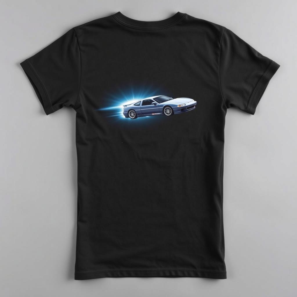 A vibrant depiction of a futuristic flying car soaring through the cosmos, illuminating the black T-shirt design