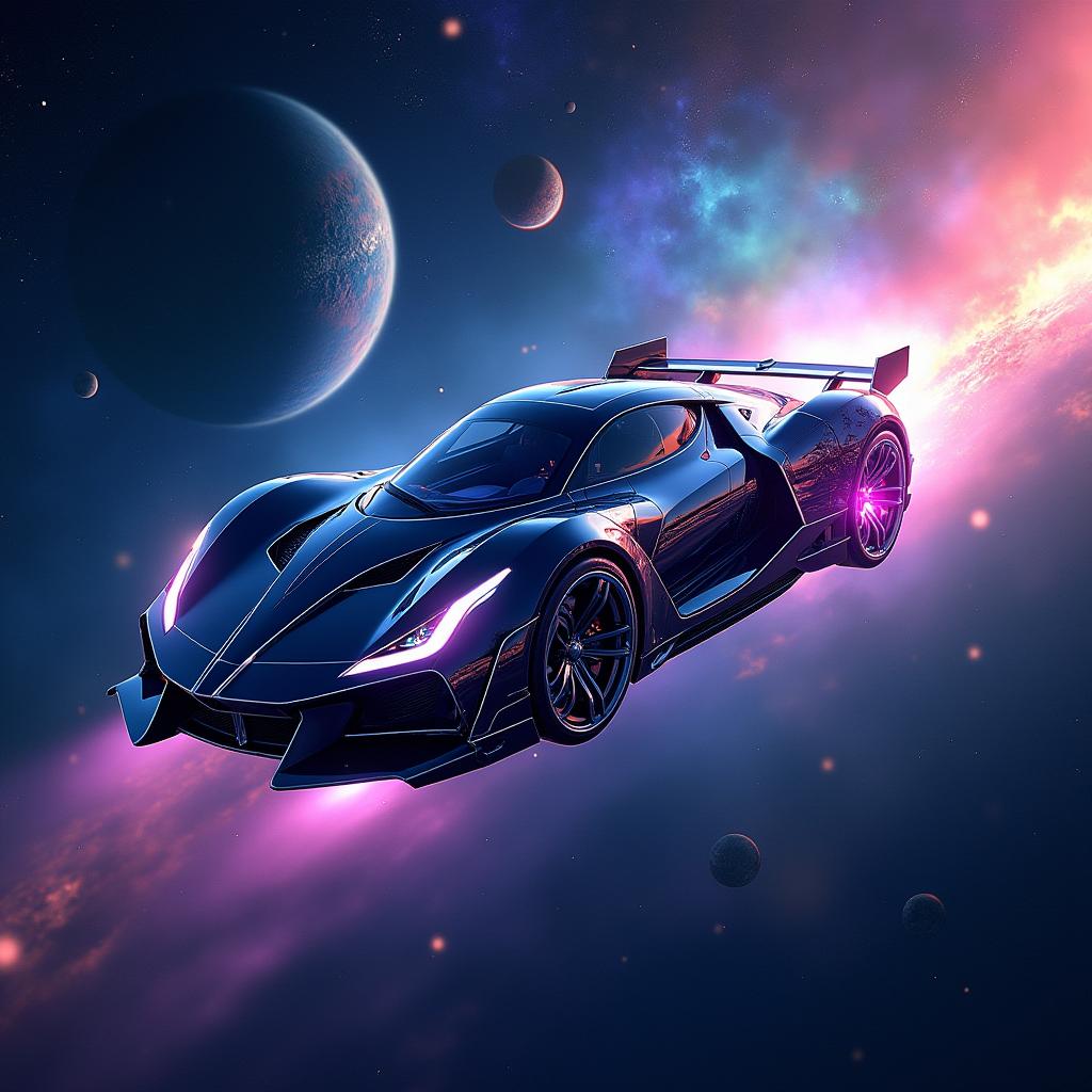 A futuristic flying car soaring through the vibrant expanses of outer space