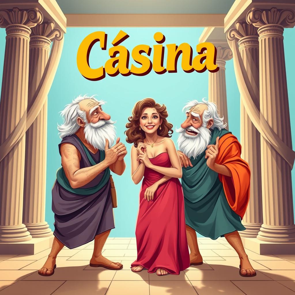 A vibrant theatrical poster for the play 'Cásina', featuring two old Greek men passionately enamored with a beautiful young Greek woman