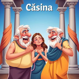 A vibrant theatrical poster for the play 'Cásina', featuring two old Greek men passionately enamored with a beautiful young Greek woman