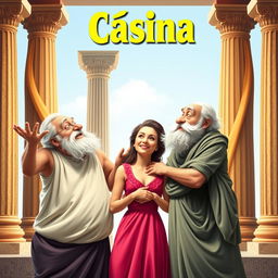 A vibrant theatrical poster for the play 'Cásina', featuring two old Greek men passionately enamored with a beautiful young Greek woman