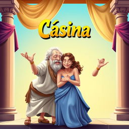 A vibrant theatrical poster for the play 'Cásina', featuring two old Greek men passionately enamored with a beautiful young Greek woman