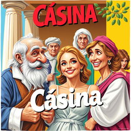 A vibrant and humorous theatre poster for the comedy titled 'Cásina'