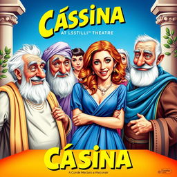 A vibrant and humorous theatre poster for the comedy titled 'Cásina'