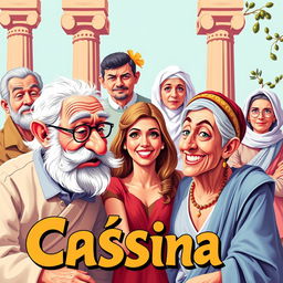 A vibrant and humorous theatre poster for the comedy titled 'Cásina'