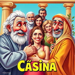 A vibrant and humorous theatre poster for the comedy titled 'Cásina'