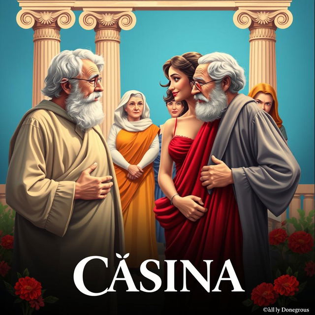 A vibrant and colorful theatre poster for the play titled 'Cásina'