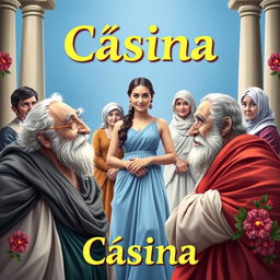 A vibrant and colorful theatre poster for the play titled 'Cásina'