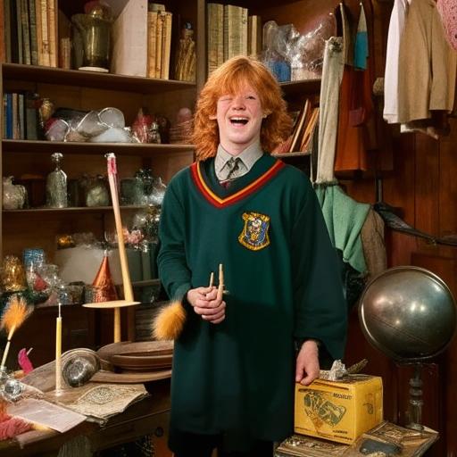 Ron Weasley, with his characteristically messy red hair, wearing Gryffindor uniform, and laughing cheerfully; holding his broken wand in one hand and Scabbers the rat in the other, inside the cluttered Weasley family home.