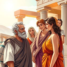 A vibrant and detailed scene set in ancient Greece depicting a group of Greeks