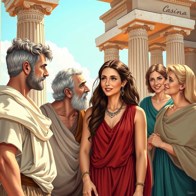 A vibrant and detailed scene set in ancient Greece depicting a group of Greeks