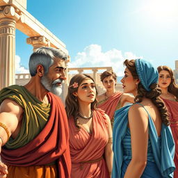 A vibrant and detailed scene set in ancient Greece depicting a group of Greeks