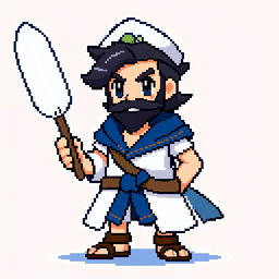 A pixel art character designed for a Pokémon game, depicted as a sailor or a person connected to the sea