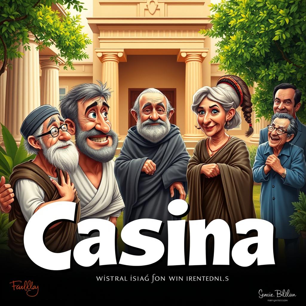 A theatrical poster titled 'Cásina' featuring a humorous scene set in ancient Greece