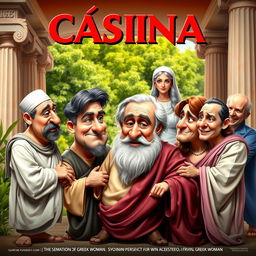 A theatrical poster titled 'Cásina' featuring a humorous scene set in ancient Greece