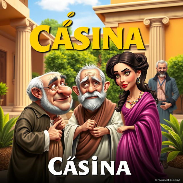 A theatrical poster titled 'Cásina' featuring a humorous scene set in ancient Greece