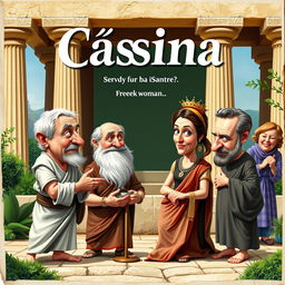 A theatrical poster titled 'Cásina' featuring a humorous scene set in ancient Greece