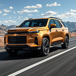 A robust and luxurious super-SUV featuring a prominent Chevrolet badge, presented in an eye-catching matte gold finish