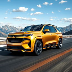 A robust and luxurious super-SUV featuring a prominent Chevrolet badge, presented in an eye-catching matte gold finish