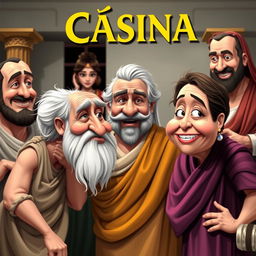 A vibrant and humorous theater poster for the play titled 'Cásina'